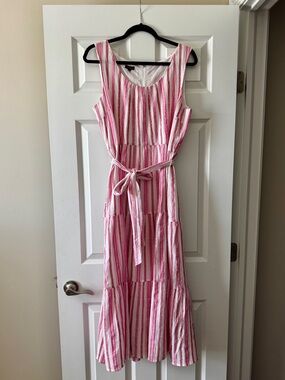Talbots Cotton Pink Red & White Striped Sleeveless Maxi Dress with Waist Tie 12